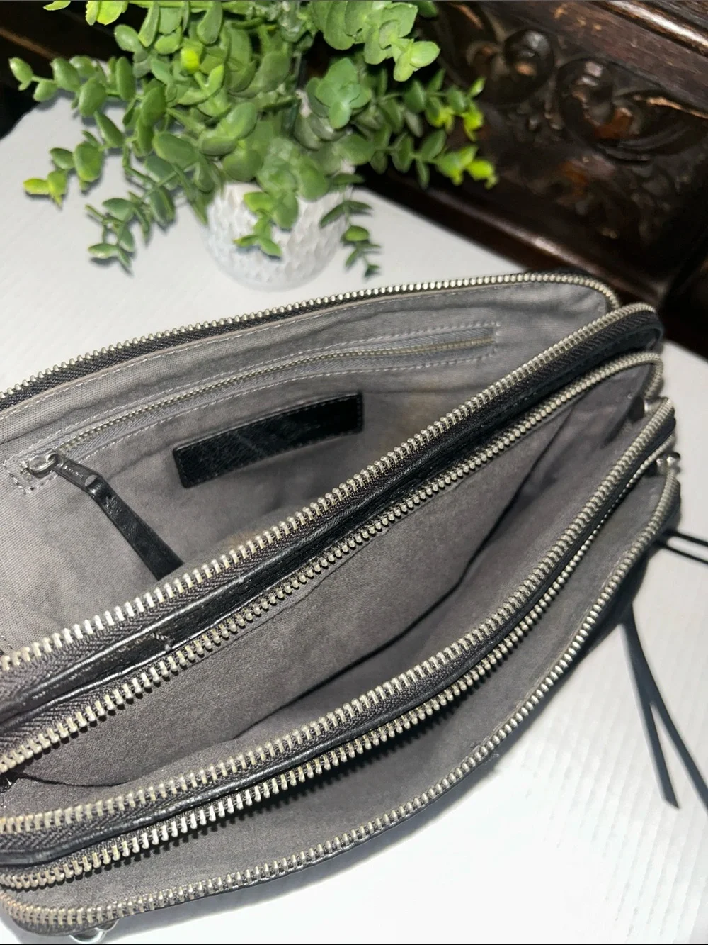 Treasure & Bond Black Leather triple -Zip Crossbody with Chain Tassel